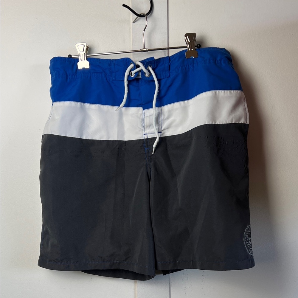 Roots Blue, White, and Gray Men's Board Swim Shorts